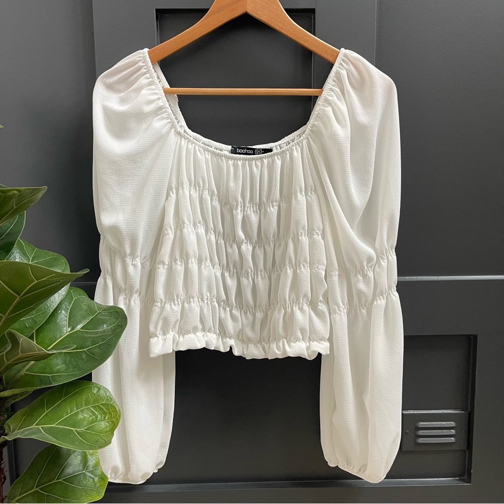 Long Sleeve White Ruched Top